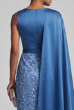 Vestido midi de sirena de cuello redondo azul con capa lateral