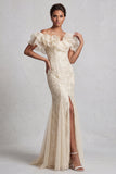 Sirena azul claro con volantes descubierto, vestido largo de madre de la novia con hombros