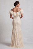 Sirena azul claro con volantes descubierto, vestido largo de madre de la novia con hombros