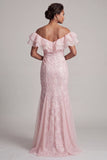 Sirena azul claro con volantes descubierto, vestido largo de madre de la novia con hombros
