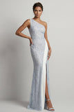 Vestido largo de sirena de un hombro azul polvoriento con abertura