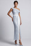 Vestido midi de madre de la novia de un hombro azul polvoriento sirena