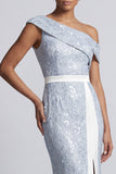 Vestido midi de madre de la novia de un hombro azul polvoriento sirena