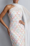 Vestido midi de madre de la novia de un hombro con lentejuelas azul claro sirena