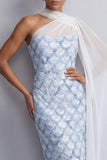 Vestido midi de madre de la novia de un hombro con lentejuelas azul claro sirena