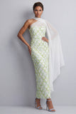 Vestido midi de madre de la novia de un hombro con lentejuelas azul claro sirena