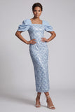 Vestido Midi de Madre de la Novia con lentejuelas de sirena verde claro y mangas abullonadas