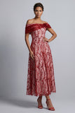 Lentejuelas A-Line de Rojo Fuera de Hombro Vestido Midi Madre de la Novia