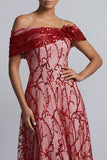 Lentejuelas A-Line de Rojo Fuera de Hombro Vestido Midi Madre de la Novia