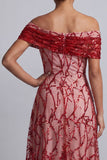 Lentejuelas A-Line de Rojo Fuera de Hombro Vestido Midi Madre de la Novia