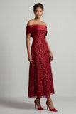 Vestido midi de madre de la novia A-line Red Off the Shoulder con lentejuelas