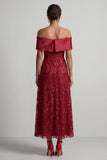 Vestido midi de madre de la novia A-line Red Off the Shoulder con lentejuelas
