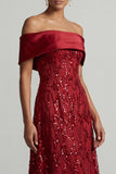 Vestido midi de madre de la novia A-line Red Off the Shoulder con lentejuelas