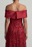 Vestido midi de madre de la novia A-line Red Off the Shoulder con lentejuelas