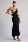 Vestido de sirena de un hombro midi negro y rojo con lentejuelas