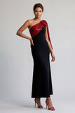 Vestido de sirena de un hombro midi negro y rojo con lentejuelas
