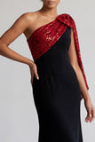 Vestido de sirena de un hombro midi negro y rojo con lentejuelas