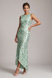 Vestido midi de Madre de la Novia asimétrico de cuello redondo de sirena verde brillante con lentejuelas