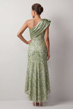 Melocotón Sirena de un hombro Vestido de lentejuelas asimétricas Midi Madre de la novia