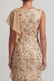 Vestido largo de madre de la novia con volantes sirena de sirena champán con cuello bateau