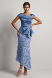 Vestido Midi de Madre de la Novia de Sirena Azul Asimétrico Floral Fruncido