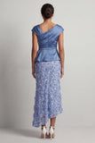 Vestido Midi de Madre de la Novia de Sirena Azul Asimétrico Floral Fruncido