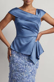 Vestido Midi de Madre de la Novia de Sirena Azul Asimétrico Floral Fruncido