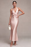 Vestido midi sin espalda sin espalda con cuello sin espalda de sirena rosa oscuro y cuello halterdo