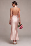 Vestido midi sin espalda sin espalda con cuello sin espalda de sirena rosa oscuro y cuello halterdo