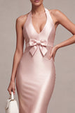 Vestido midi sin espalda sin espalda con cuello sin espalda de sirena rosa oscuro y cuello halterdo