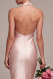 Vestido midi sin espalda sin espalda con cuello sin espalda de sirena rosa oscuro y cuello halterdo