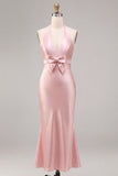 Vestido midi sin espalda sin espalda con cuello sin espalda de sirena rosa oscuro y cuello halterdo