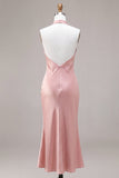 Vestido midi sin espalda sin espalda con cuello sin espalda de sirena rosa oscuro y cuello halterdo