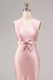 Vestido midi sin espalda sin espalda con cuello sin espalda de sirena rosa oscuro y cuello halterdo