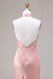 Vestido midi sin espalda sin espalda con cuello sin espalda de sirena rosa oscuro y cuello halterdo