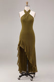 Vestido midi de chifon oliva con escote halter y volantes