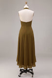 Vestido midi de chifon oliva con escote halter y volantes