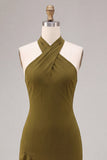 Vestido midi de chifon oliva con escote halter y volantes