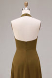 Vestido midi de chifon oliva con escote halter y volantes