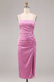 Vestido midi de tirantes finos de sirena de satén fucsia con abertura