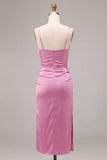 Vestido midi de tirantes finos de sirena de satén fucsia con abertura