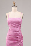 Vestido midi de tirantes finos de sirena de satén fucsia con abertura