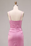 Vestido midi de tirantes finos de sirena de satén fucsia con abertura