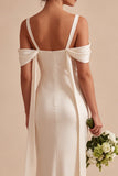 Vestido midi sirena de hombros fríos y champán ligero