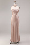 Vestido largo de tirantes finos de satén rosa polvoriento sirena con bufanda al cuello