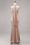 Vestido largo de tirantes finos de satén rosa polvoriento sirena con bufanda al cuello