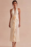 Vestido midi de sirena de chiffon albaricoque con escote húncer, rúfano y volantes con flor en 3D