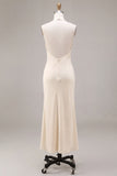 Vestido midi de sirena de chiffon albaricoque con escote húncer, rúfano y volantes con flor en 3D