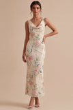 Vestido midi de sirena con cuello de forma rosa blanca con cuello de capucha y abertura