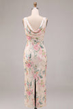 Vestido midi de sirena con cuello de forma rosa blanca con cuello de capucha y abertura